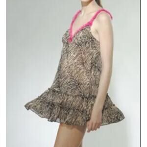 Vintage Y2K Betsey Johnson Chiffon Zebra Print Pink Ruffle Bow Chemise Babydoll